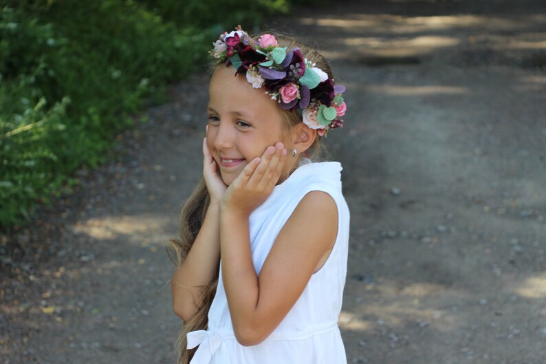 bridesmaids on their eucalyptus flower girls greenery or burgundy wedding. Eucalyptus burgundy dusty pink flower crown for brides