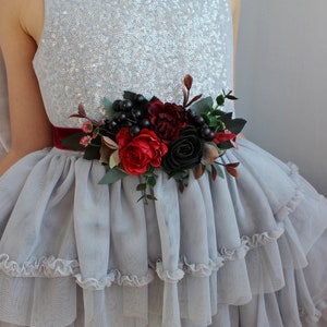 Black burgundy bridal sash, Gothic wedding sash belt, Flower girl belt