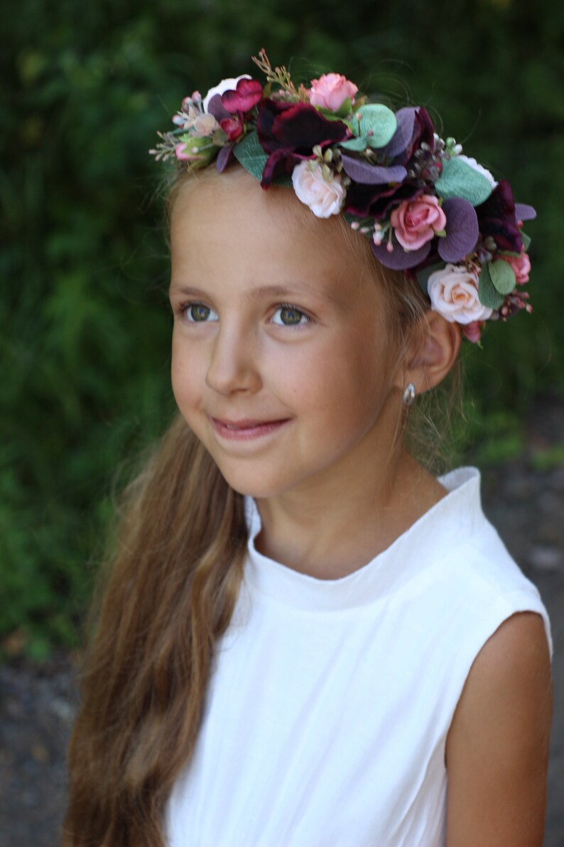 bridesmaids on their eucalyptus flower girls greenery or burgundy wedding. Eucalyptus burgundy dusty pink flower crown for brides