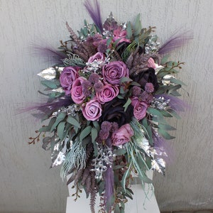 Sage mauve purple silver bouquet, Gothic wedding bouquet, Moody bouquet, Cascading bouquet Bridal 13" (cascad)