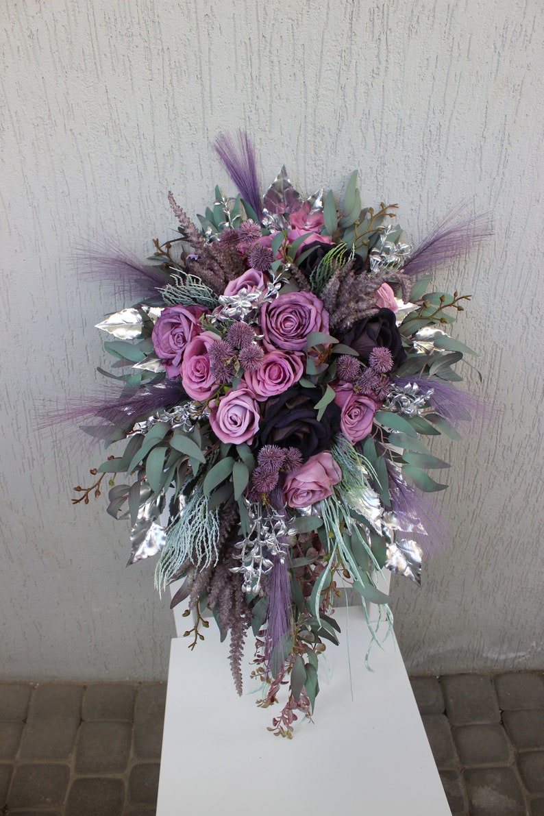 Sage mauve purple silver bouquet, Gothic wedding bouquet, Moody bouquet, Cascading bouquet Bridal 13" (cascad)