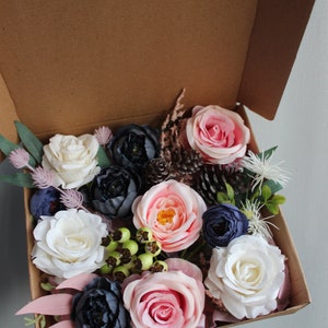 Winter wedding bouquet, Navy ivory pink wedding bouquet with pines, Silk flower bouquet Box of loose flowers