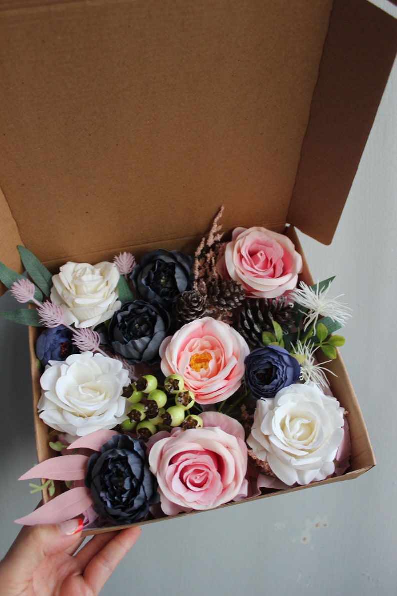 Winter wedding bouquet, Navy ivory pink wedding bouquet with pines, Silk flower bouquet Box of loose flowers