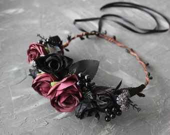 Burgundy black flower crown, gothic wedding floral crown, wedding floral headpiece, moody crown