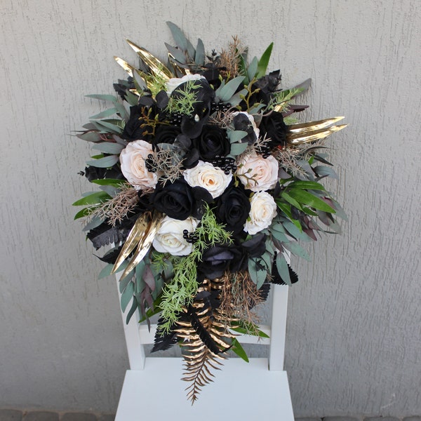 Emerald green black wedding flowers,  ivory gold сascading bouquet, forest green moody bouquet