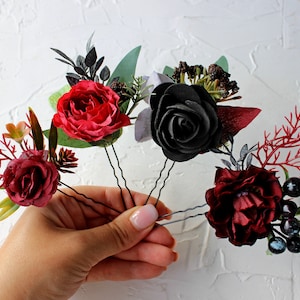 Gothic wedding hair pins, Burgundy black hair pins, Set of hair pins, Fall wedding hair accessories