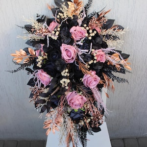 Rose gold black ivory bouquet, Gothic wedding bouquet, Cascading wedding bouquet