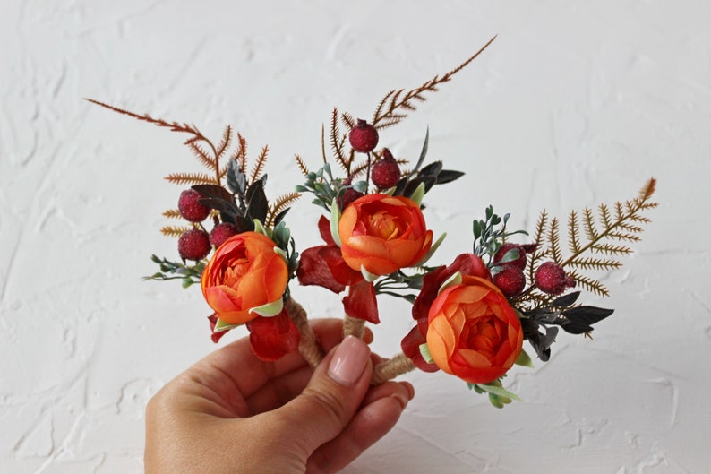 Burnt orange boutonniere for men, Fall wedding buttonhole, Groom boutonniere Set of 3 bouts