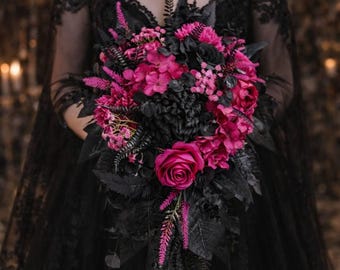Fuchsia Black Bouquet, Gothic Wedding Bouquet, Cascading Hot Pink
