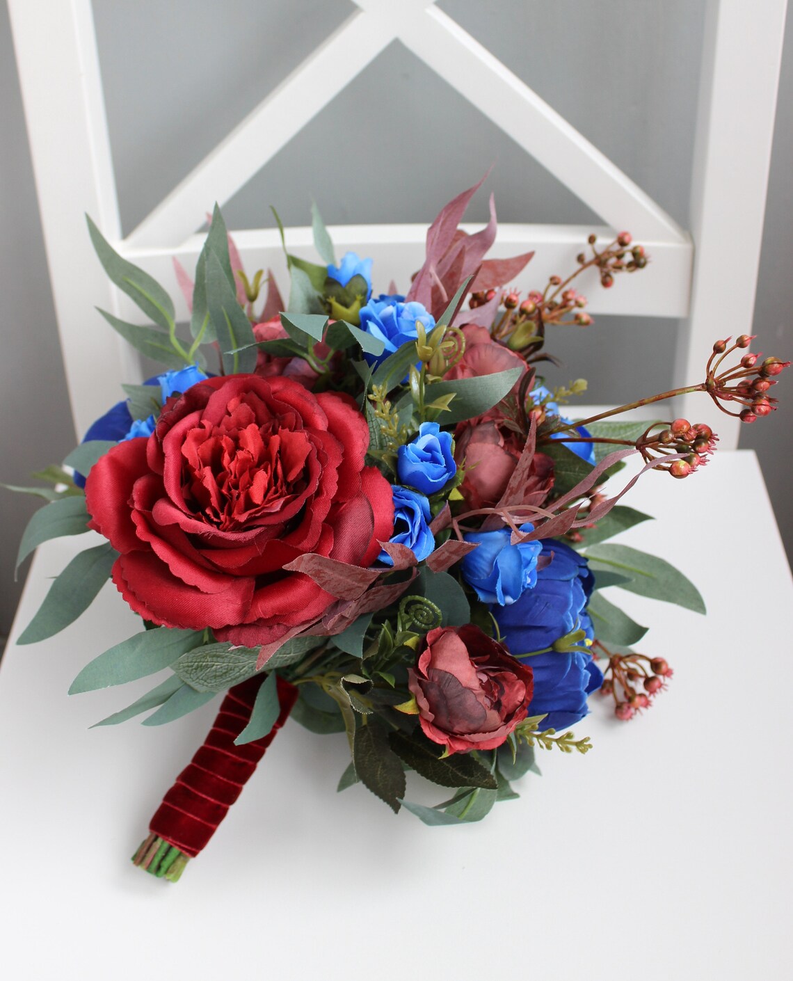 Burgundy royal blue wedding bouquet Silk flower bouquet Etsy