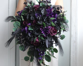 Purple black plum bouquet, Gothic wedding bouquet, Cascading Halloween wedding bouquet