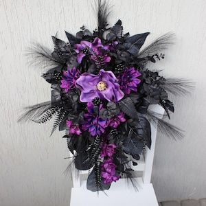Purple black bouquet, gothic wedding bouquet, cascading wedding bouquet