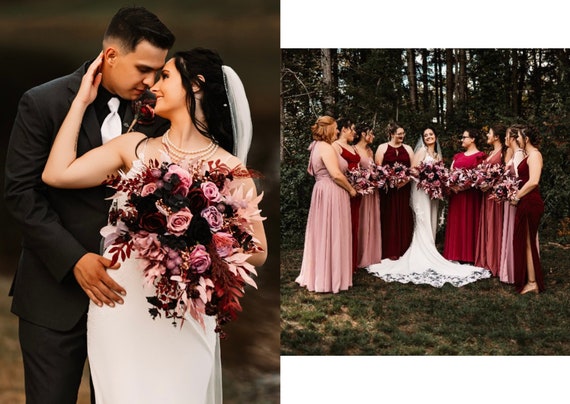 Rose Gold Burgundy Black Mauve Wedding Bouquet, Cascading Bouquet, Moody  Bridal Bouquet - Etsy