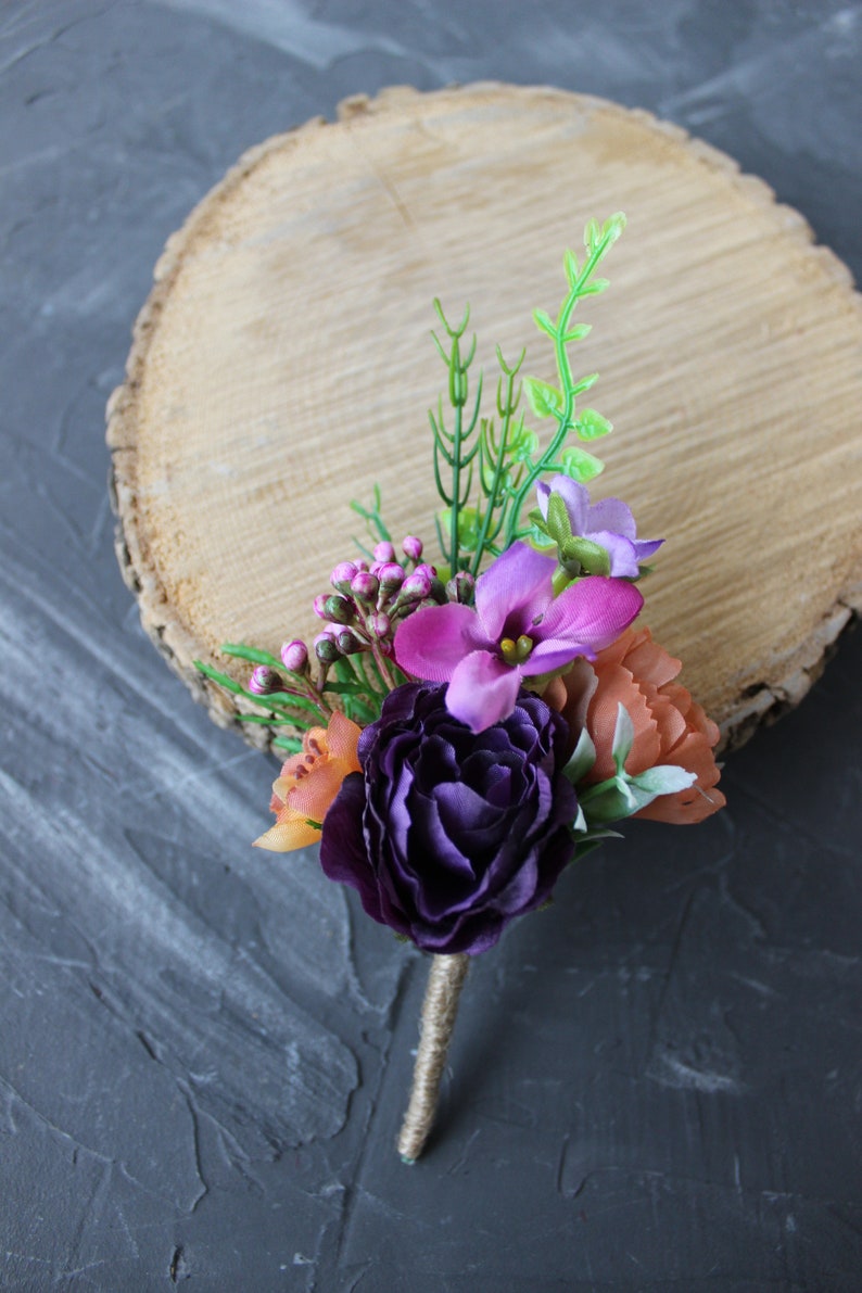 Purple orange bouquet, Fall wedding bouquet, Cascading bridal bouquet Boutonniere