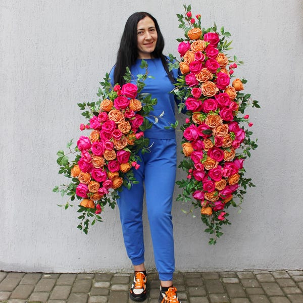 Hot pink orange arch swag Fuchsia wedding decor Colorful arbor aisle flowers