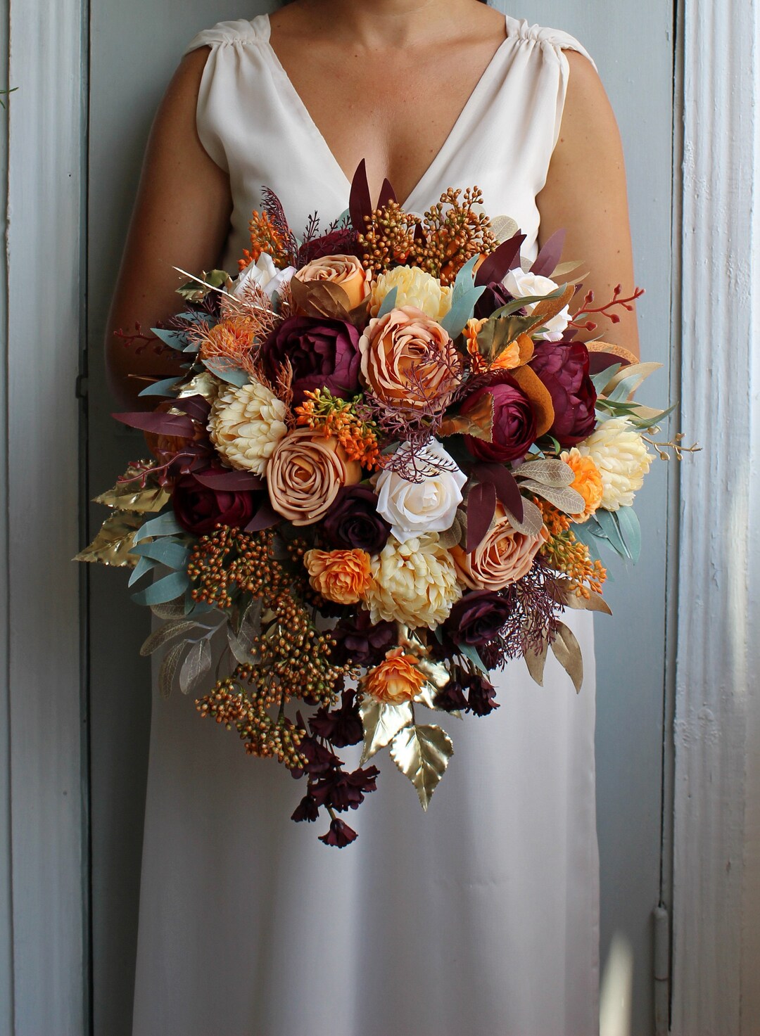 Rust Teal Burgundy Wedding Bouquet, Cascading Bouquet, Fall Wedding Bouquet  