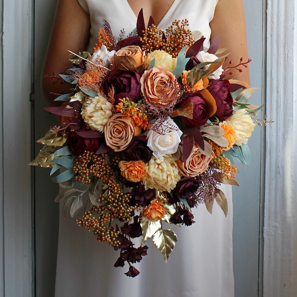 Orange rust burgundy ivory bouquet, Fall wedding bouquet, Boho bridal bouquet