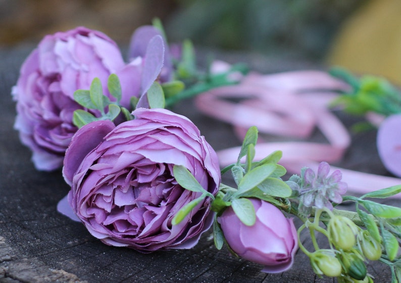 Floral photo shoot crown. bridesmaids Greenery wedding bridal headpiece Eucalyptus dusty purple peony flower crown for flower girls