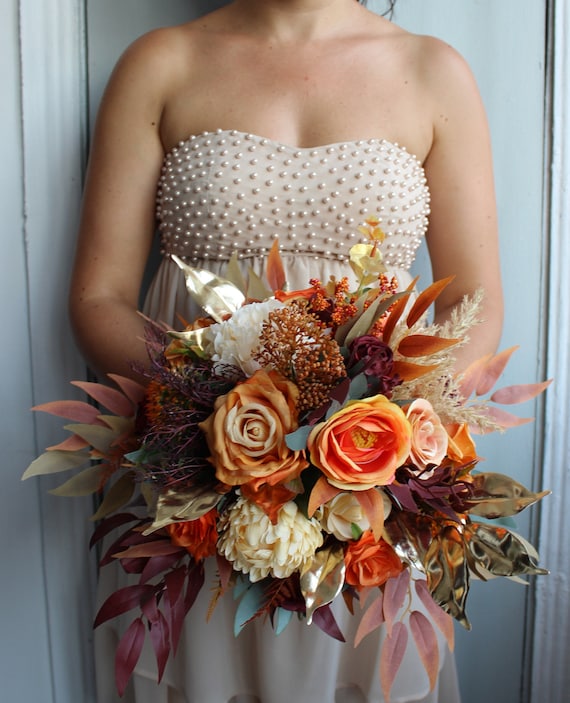 Fall Wedding Bouquet Orange Burgundy Ivory Neutral Bouquet Etsy