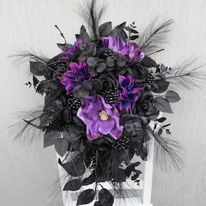 Purple black bouquet, gothic wedding bouquet, moody bouquet, cascading wedding bouquet