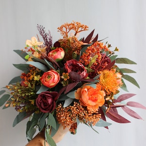 Burnt orange burgundy bouquet, bridal flower bouquet, silk wedding bouquet, eucalyptus bouquet, wedding flowers image 5