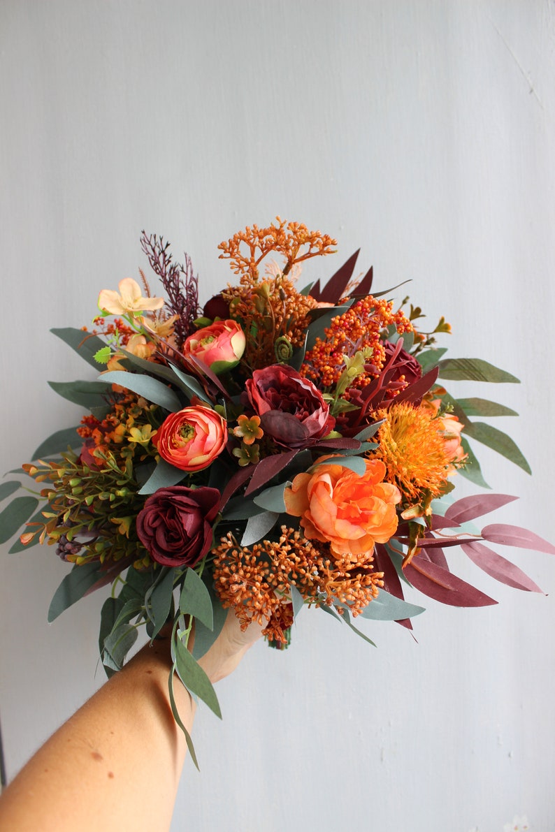 Burnt orange burgundy bouquet, bridal flower bouquet, silk wedding bouquet, eucalyptus bouquet, wedding flowers image 5