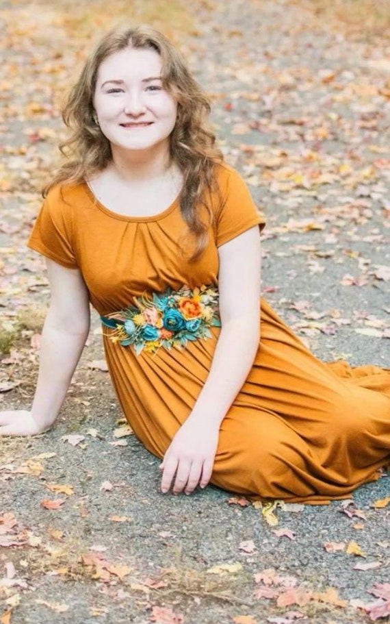 Teal Orange Bridal Sash, Flower Girl Belt, Fall Wedding Sash Belt
