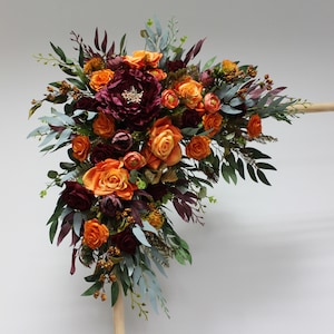 Fall wedding flower arch, Burnt orange burgundy arch flowers, Wedding arch swag