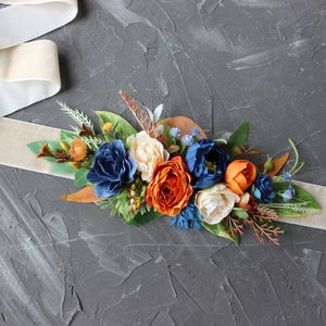 Navy orange bridal sash, Fall wedding sash belt, Flower girl belt