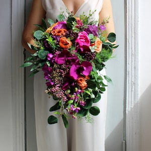 Purple orange bouquet, Fall wedding bouquet, Cascading bridal bouquet Smaller cascading10"