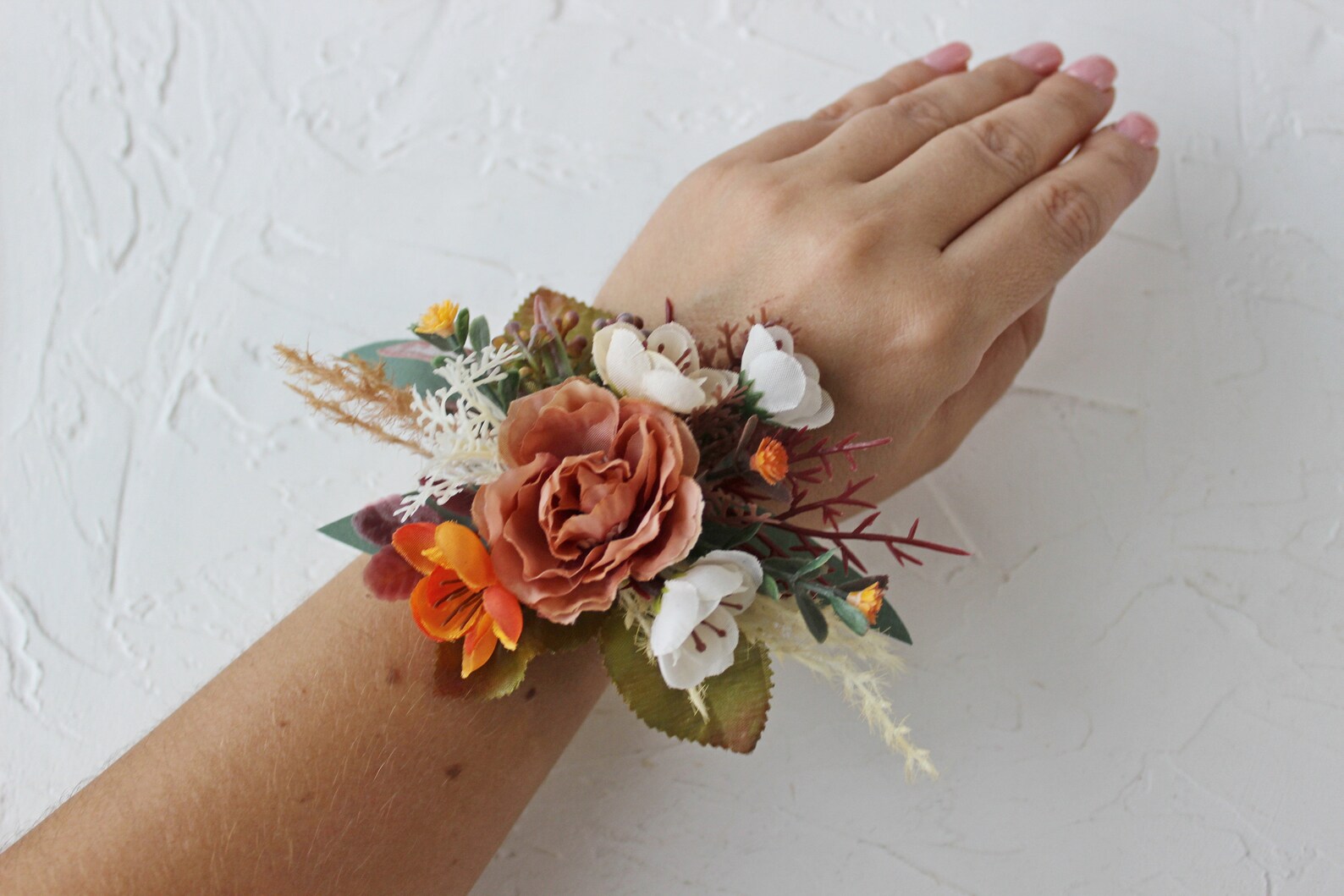 Taupe Tan Ivory Wrist Corsage, Boho Wedding Corsage, Fall Wedding