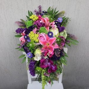 Colorful bridal bouquet, Rainbow bouquet, Purple pink green bouquet, Silk flower bouquet