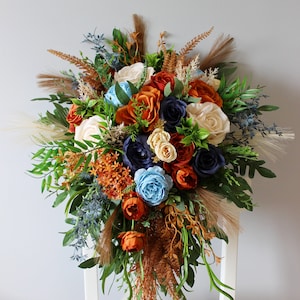 Rust navy teal wedding bouquet, Cascading bouquet, Fall wedding bouquet