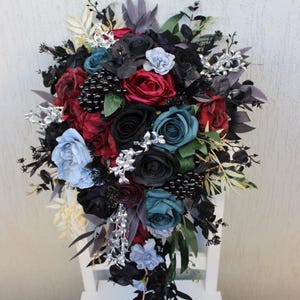 Black burgundy teal dusty blue bouquet, Gothic cascading bouquet, Moody bouquet, Wedding decor, Silk flower bouquet