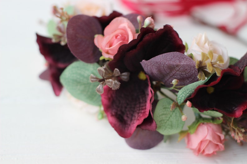 bridesmaids on their eucalyptus flower girls greenery or burgundy wedding. Eucalyptus burgundy dusty pink flower crown for brides