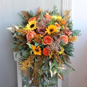 Ramo de naranja óxido, ramo de boda de otoño, ramo de girasoles