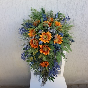 Ramo de girasol azul marino, ramo de boda de otoño, ramo de boda rústico