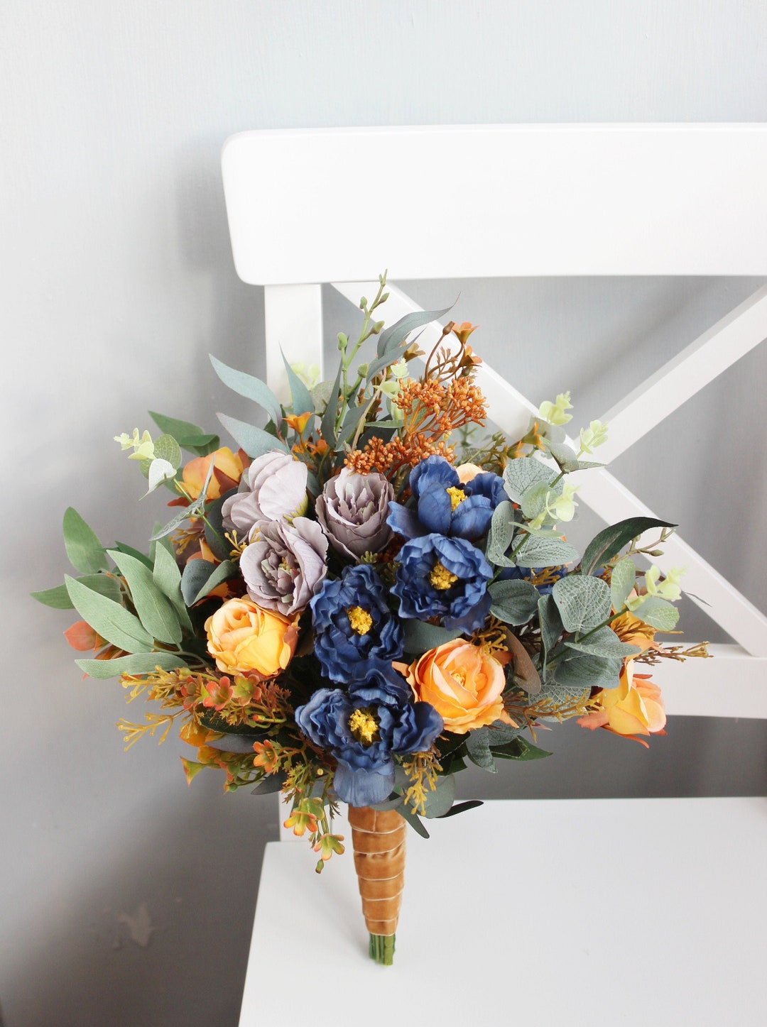 Bouquet da sposa color ruggine terracotta blu navy, bouquet arancione bruciato, bouquet da sposa a cascata, fiori da matrimonio, bouquet di fiori di seta - Italia