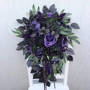 Purple black wedding bouquet, Cascading bridal bouquet, Dark bouquet, Gothic wedding decor, Silk flower bouquet