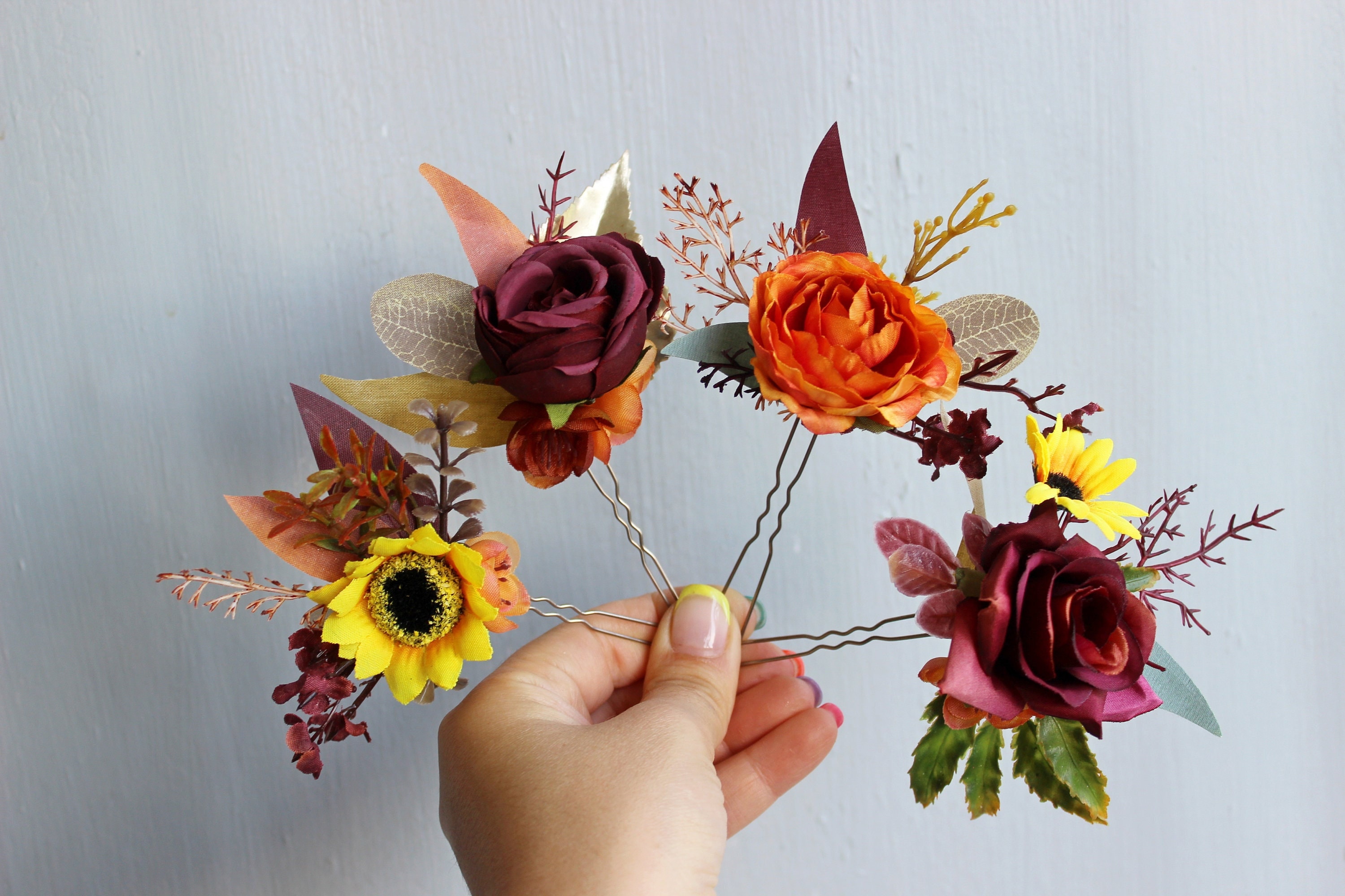 Sunflower hair pins, Burgundy orange pins, Sunflower wedding flowers