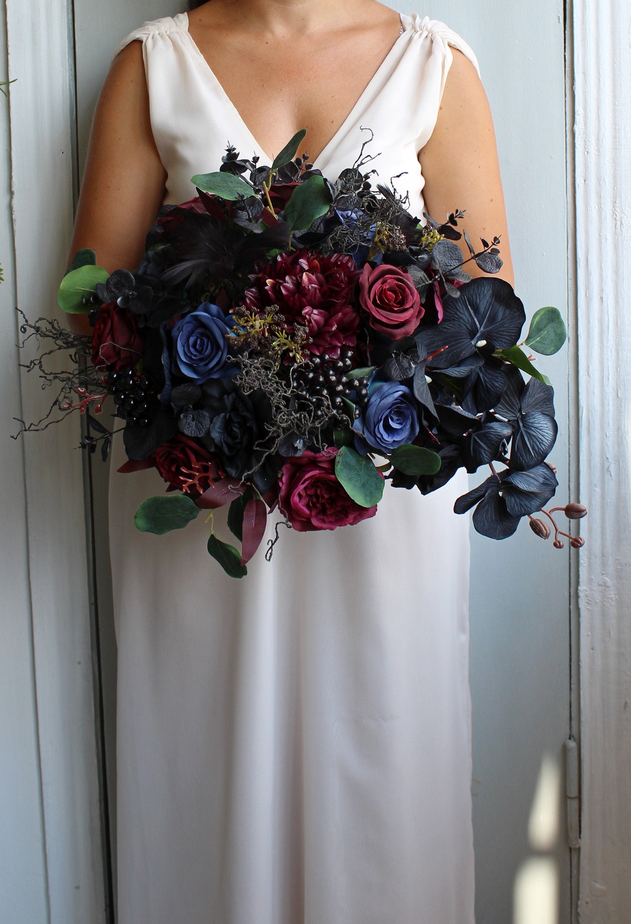 Rust Teal Burgundy Wedding Bouquet, Cascading Bouquet, Fall