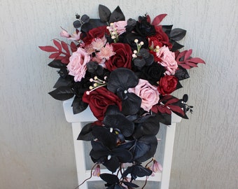 Black burgundy dusty pink bouquet, Gothic wedding bouquet, Moody cascading bouquet