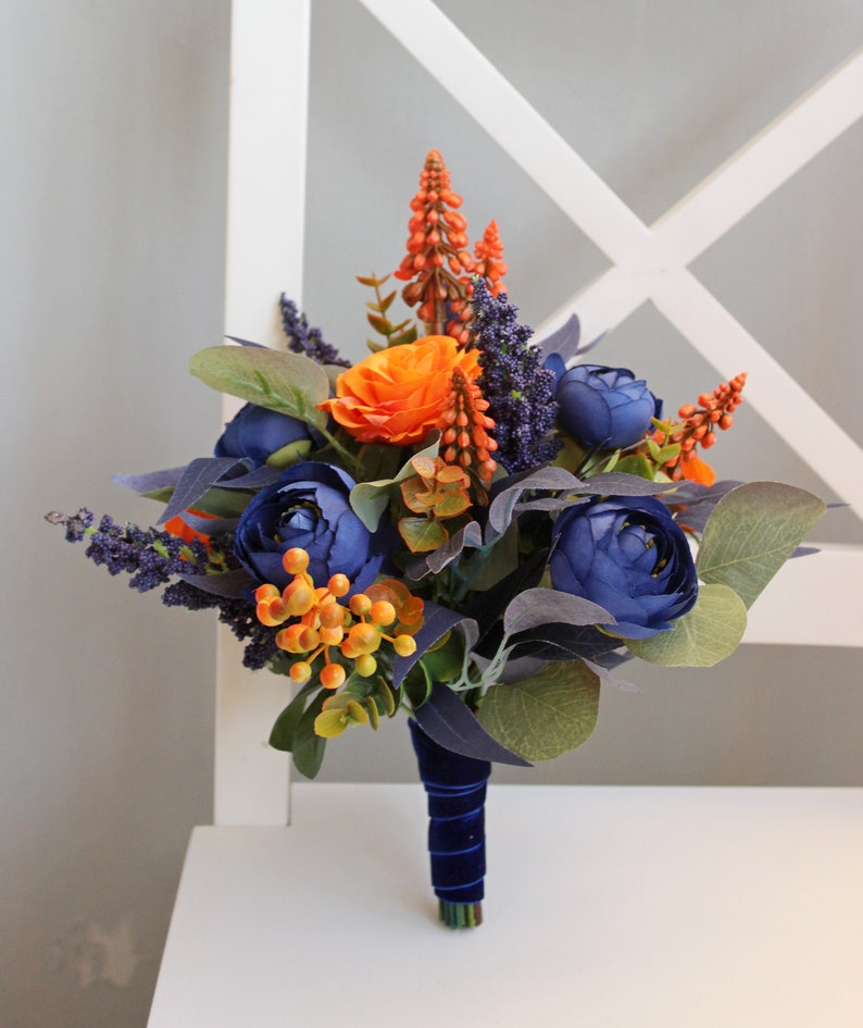 Burnt orange navy blue wedding bouquet Silk flower bouquet Etsy