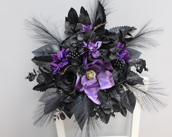 Purple black bouquet, Gothic wedding bouquet, Cascading Halloween wedding bouquet