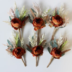 Rust terracota wedding flowers, Fall boutonniere, Rust corsage, Burnt orange wedding