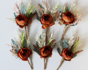 Rust terracota wedding flowers, Fall boutonniere, Rust corsage, Burnt orange wedding