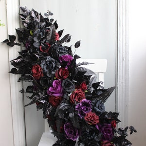 Black purple burgundy arch swag, Gothic wedding arch flowers, Halloween wedding decor