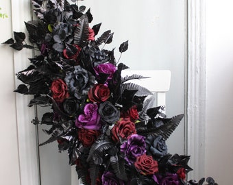 Black purple burgundy arch swag, Gothic wedding arch flowers, Halloween wedding decor