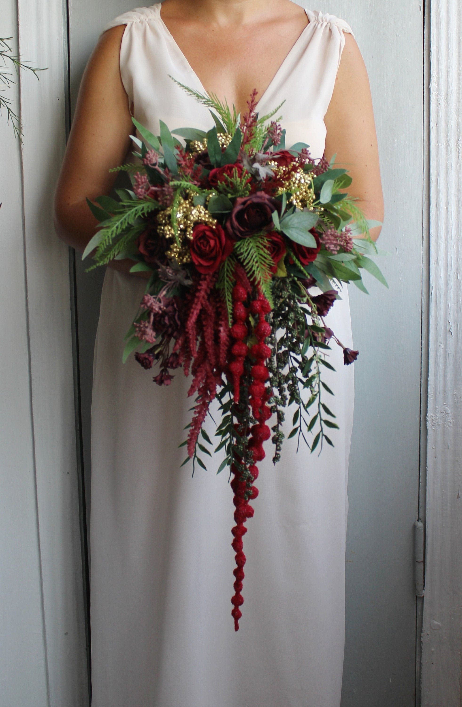 Emerald Green Burgundy Wedding Bouquet Cascading Bouquet Etsy