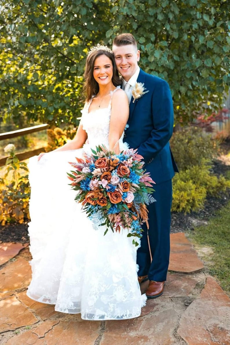 Rust Terracota Blush Dusty Blue Wedding Bouquet Cascading Etsy